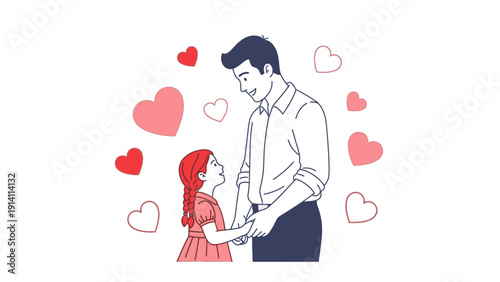 Illustration of a man and a little girl holding hands surrounded by floating hearts in a tender moment.