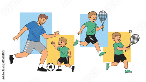 Illustration of a man and three boys engaging in sports activities, including soccer and tennis, in a colorful and playful composition.