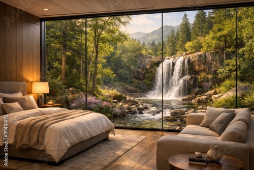 A stunning natural landscape view of a waterfall on a rock cliff in the pine tree forest from a modern bedroom with  transparent glass walls in the morning.