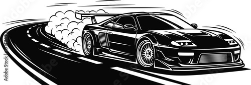 Drifting Supercar Illustration, High Performance Sports Car Sliding on Curved Road with Smoke, Black and White Vector Artwork