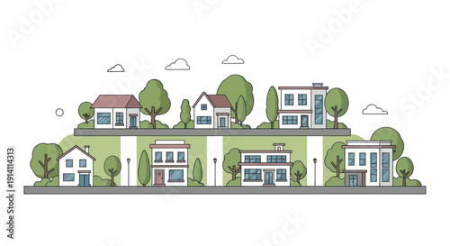 Modern suburban neighborhood with houses and trees, flat design illustration