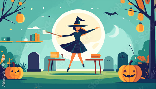 A stylized witch stands in a graveyard with pumpkins, lanterns, and a bat under a full moon