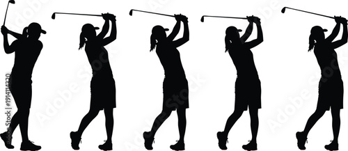 Female Golfer Swing Silhouette Sequence, Woman Golf Player Hitting Ball with Club, Black Vector Illustration Isolated on White Background