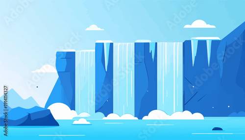 A stylized, wide waterfall cascades down blue cliffs into a calm, bright blue body of water