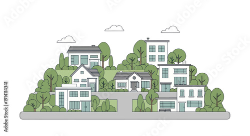 Modern minimalist suburban neighborhood with diverse houses and green trees