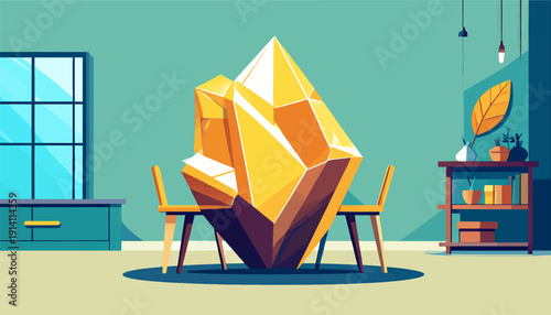 A surreal interior scene with a giant yellow crystal as a centerpiece, flanked by chairs