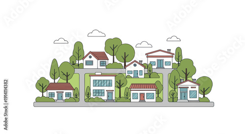 Charming illustration of a suburban neighborhood with houses, trees, and streets.