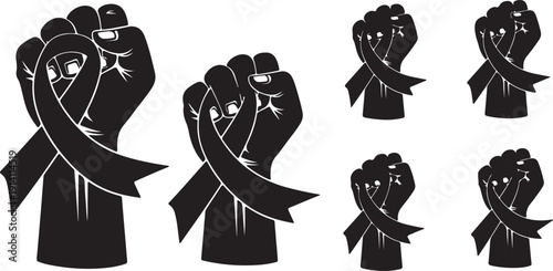 Vector icon set of a raised fist clutching an awareness ribbon, symbolizing strength in the fight against cancer, solidarity for survivors, and hope in medical health charity support.