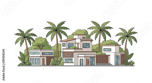 Modern Tropical Villas with Palm Trees and Lush Greenery