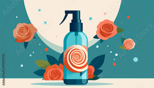 A blue spray bottle with a rose design sits among coral roses and leaves