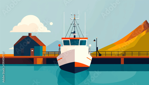 A boat docks near a coastal town with mountains in the background