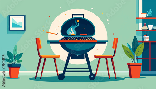 A bright, stylized scene of a backyard barbecue with a grill, chairs, plants, and shelves