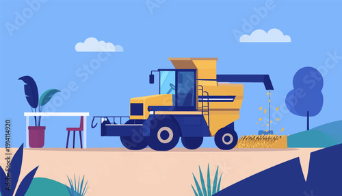 A bright yellow combine harvester is in the field, harvesting grain under a clear blue sky with clouds