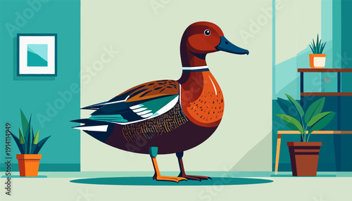 A stylized duck stands indoors near potted plants and framed art
