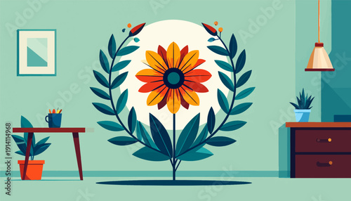 A vibrant floral arrangement and room decor with plants, desk, and lamp