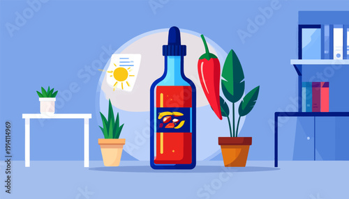 A vibrant illustration featuring a dropper bottle filled with red liquid, flanked by a chili pepper and potted plants on a desk