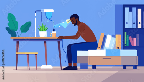 Man sitting at desk, receiving IV drip and water from a strange apparatus