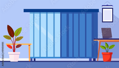 A calm office space with plants and a laptop on a desk