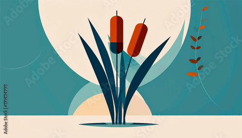 Minimalist abstract depiction of cattails against a soft, geometric, teal and cream background
