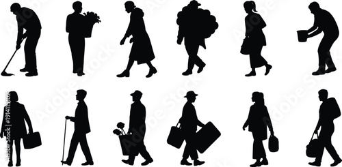 People silhouettes vector collection, workers walking poses set, carrying bags tools isolated, men women clipart bundle pack design