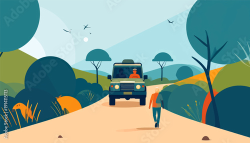 A stylized, flat illustration of a safari scene with a jeep, two people, and abstract trees