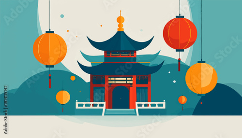 A vibrant scene featuring a traditional pagoda and festive lanterns under a stylized sky