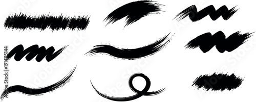 Set of black paint brush marks and abstract graphic elements, perfect for grunge, artistic, and creative design projects.