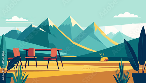 A serene mountain vista with an outdoor seating area, featuring lush plants