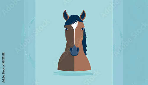 Minimalist illustration of a brown horse's head with dark mane on a pastel blue background