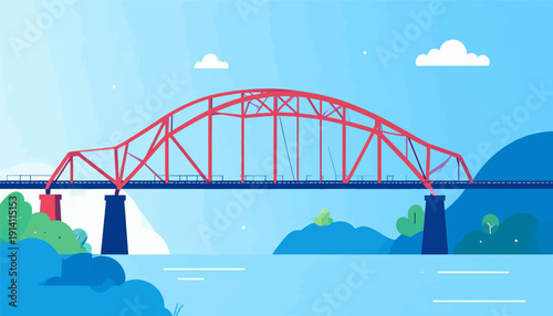 A vibrant, stylized illustration of a red arched bridge spanning a calm blue river under a bright sky