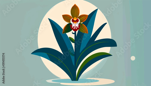 Abstract illustration of a solitary orchid with dark green leaves and a pale circular background