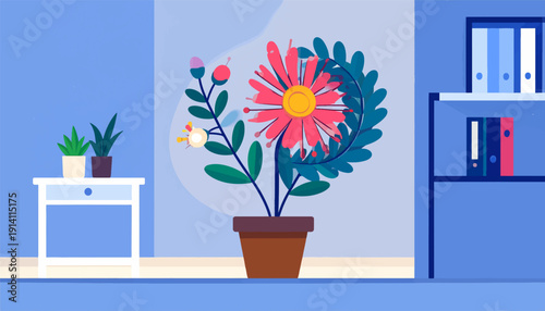 A vibrant, stylized potted flower blooms indoors, beside a nightstand with plants and a shelf of files