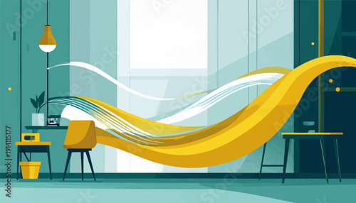 Minimalist indoor scene with yellow and teal abstract waves, desk, chair, and plant