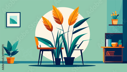 A serene room interior features potted plants, a framed artwork, and a shelf with decor