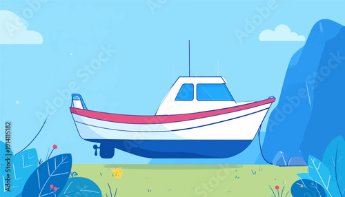 Stylized boat on a calm blue sea with a large mountain on the right and green foliage