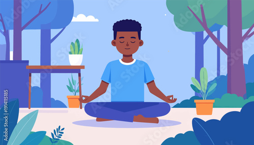 A serene person meditating outdoors amidst lush greenery and trees