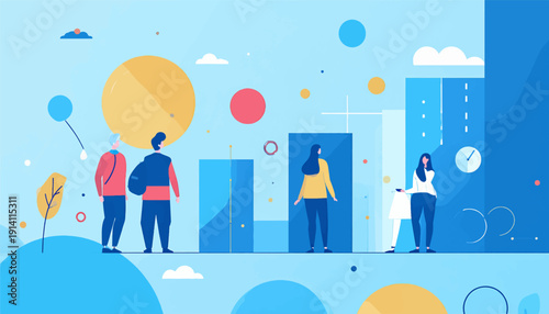 Abstract illustration of people interacting with geometric shapes and data visualizations