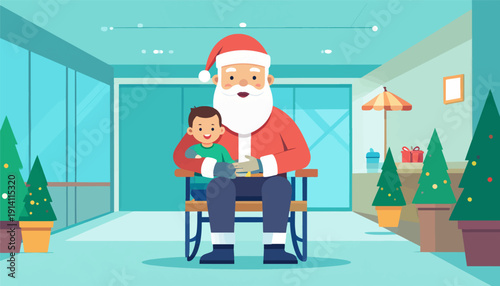 Santa Claus sitting with a child in a festive interior, surrounded by decorated trees and gifts