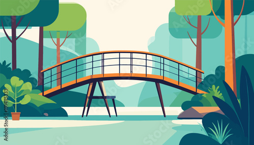 A charming garden scene features a gracefully arched pedestrian bridge, flanked by lush trees and foliage