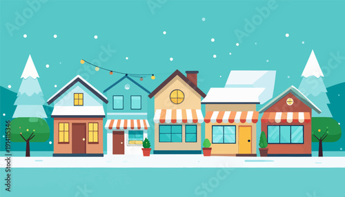 A charming row of snow-dusted shops under a winter sky with festive lights