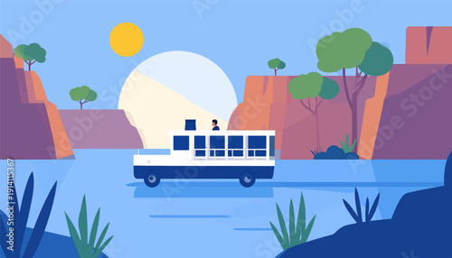 Scenic river cruise through a canyon with a lone figure