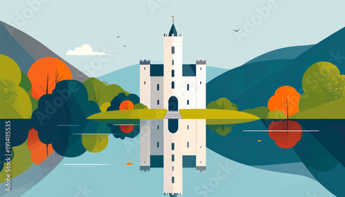 Serene reflection of a castle on tranquil water surrounded by autumn foliage