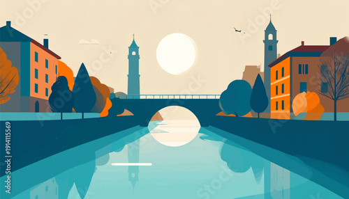 Stylized city scene with a canal, bridge, towers, buildings, and autumn trees