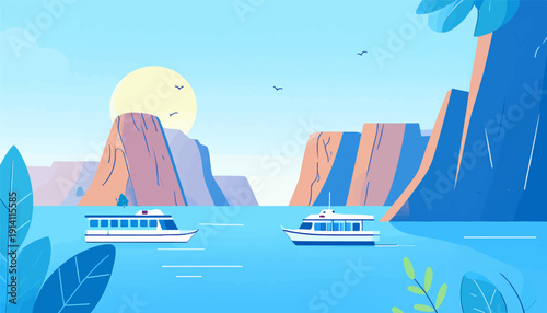 Serene waters reflect towering cliffs under a bright sun with boats sailing