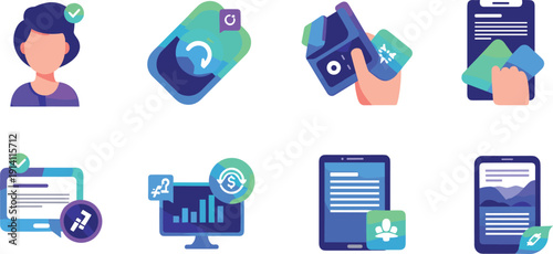 Mobile App User Verification and Digital Service Illustration Set with Online Payment, Account Approval and Data Management Concepts
