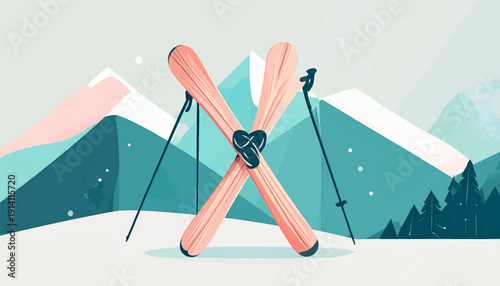 Stylized crossed skis and poles stand against a backdrop of abstract mountains and trees