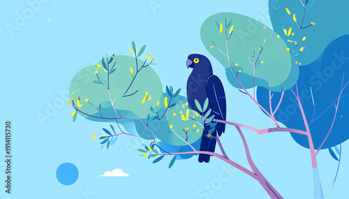 Stylized dark blue bird with yellow eye perches on a pinkish branch, surrounded by abstract trees and a light blue sky