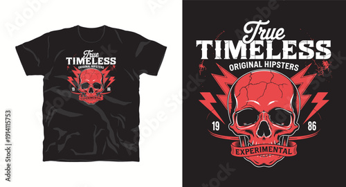 True timeless original hipsters t-shirt design with red skull and lightning bolts, experimental vintage graphic
