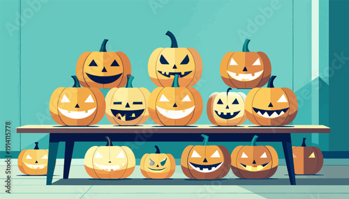 A collection of carved pumpkins with various expressive faces, arranged on a table