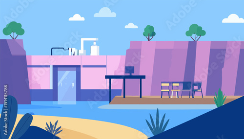 Modern dam facility with outdoor seating, computer, and surrounding natural landscape